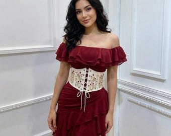 Corset Belt Linen Underbust Corset, Elegant Graduation Corset, Embroidered Minimal Waist Belt, Feminine Evening Look, Plus size