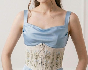 Abschlussball Korsett Gürtel Leinen Unterbrust Korsett, Elegantes Abschlusskorsett, Bestickter Minimaler Taillen Gürtel, Femininer Abend Look, Plus Größe