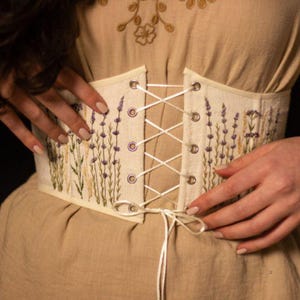Plus Size Linen Underbust Corset: Embroidered Floral Renaissance Body