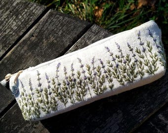 Estojo de lápis de cânhamo bordado à mão, nécessaire floral, estojo com zíper feito à mão