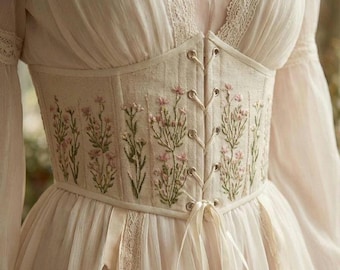 Cinturón de corsé de lino bajo el busto, top de corsé estilo eduardiano con bordados, corsé renacentista de talla grande personalizado, regalo para ella.