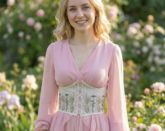 Corset Belt Linen Underbust Corset, Embroidered Edwardian Cottagecore Corset Top, Custom Plus Size Renaissance Corset Gift for Her