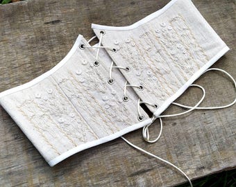 Corset Universal feito à mão em linho, modelo underbust: modelador de cintura renascentista com bordados florais.