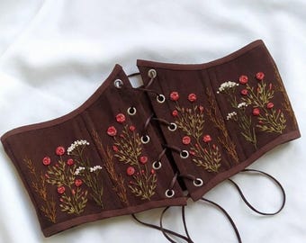 Brown Linen Underbust Corset Belt, Embroidered Corset Plus Size Renaissance Top