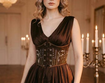 Corset Belt Linen Underbust Corset, Embroidered Edwardian Cottagecore Corset Top, Custom Plus Size Renaissance Corset Gift for Her