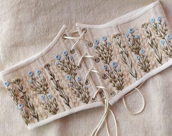 Corset abaixo do busto vintage com barbatanas, feito à mão, sob medida, estilo renascentista cottagecore.