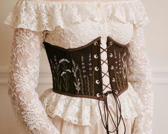 Corset underbust de linho bordado, estilo cottagecore eduardiano, ajuste personalizado, modelador de cintura feito à mão.