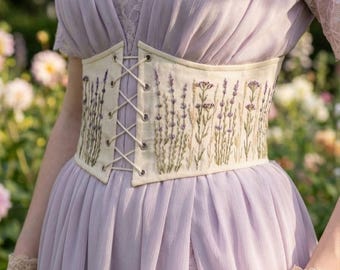 Corset de linho com cinto, corset abaixo do busto, top de corset bordado estilo cottagecore eduardiano, corset renascentista personalizado plus size, presente para ela.