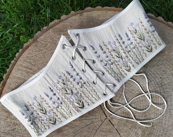 Floral Linen Underbust Corset Belt, Embroidered Corset Plus Size Renaissance Top