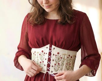 Korsettbälte i linne underbyst, broderad edwardiansk cottagecore-korsetttopp, anpassad renässanskorsett i plusstorlek, present till henne