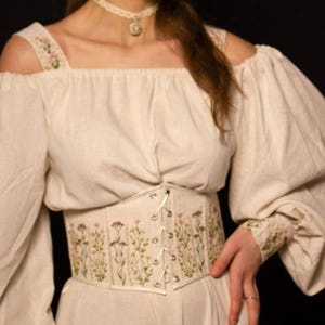 Corset Belt Underbust Reversible, Beige Linen Embroidered Corset, Wide Victorian Corset Top, Renaissance Waist Belt, 1860s Corset