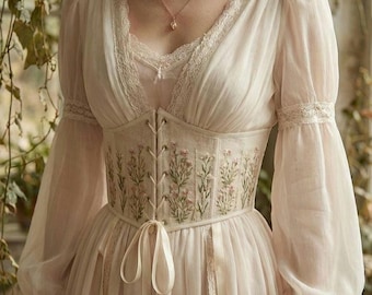 Cinto corset de linho bordado abaixo do busto, estilo cottagecore eduardiano, sob medida.