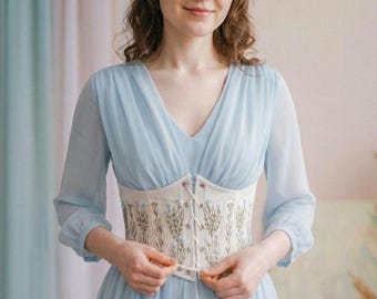 Corset de linho com cinto, corset abaixo do busto, top de corset bordado estilo cottagecore eduardiano, corset renascentista personalizado plus size, presente para ela.