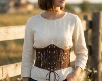 Corset de linho com cinto, top corset bordado estilo cottagecore, look rústico campestre, tamanho personalizado, presente plus size para ela
