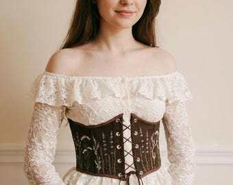 Corsé bajo el busto de lino bordado, estilo cottagecore eduardiano, ajuste a medida, faja de cintura hecha a mano.