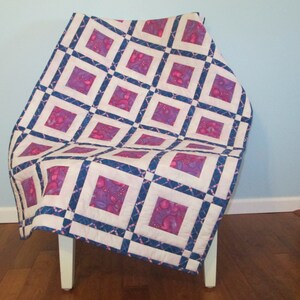 Purple Pink Flowers Blue Sashing Baby Quilt