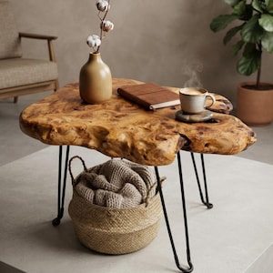 Könnte beinhalten: Ein Couchtisch aus Holz mit natürlicher Baumkante, unregelmäßiger Form und polierter Oberfläche, getragen von drei dünnen schwarzen Haarnadelbeinen aus Metall. Darauf stehen eine beige Keramikvase mit Baumwollzweigen, ein braunes Notizbuch und eine dampfende Tasse.