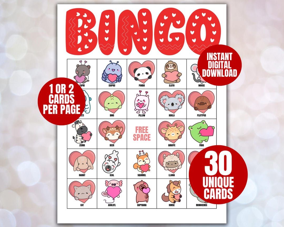 Valentine’s Day Bingo Printable, Cute Animals Bingo, 30 Unique ...