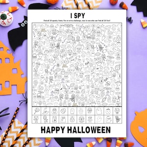 Può includere: Un foglio di attività a tema Halloween con il testo "I Spy" e "Happy Halloween". Il foglio presenta un'illustrazione in bianco e nero con molte immagini spettrali. Decorazioni di Halloween come caramelle, ragni e zucche circondano il foglio.