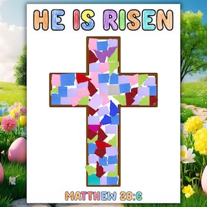 Könnte beinhalten: Ein farbenfrohes Osterkunstwerk mit den Worten "HE IS RISEN" über einem Kreuz, das mit bunten Papierquadraten gefüllt ist. Der Text "MATTHEW 28:6" steht unter dem Kreuz. Der Hintergrund zeigt eine Frühlingslandschaft mit Blumen und Ostereiern.
