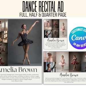 May include: An advertisement for a dance recital featuring a ballerina in a black tutu and several other dancers. The ad includes the text "DANCE RECITAL AD" and "Amelia Brown" with space for a personal message. A Canva logo is also present.