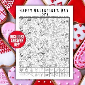 I Spy Valentines Game Printable, Kids Valentine Day Activity, Classroom Party Game, Family Valentine Fun, Valentine I Spy Worksheet