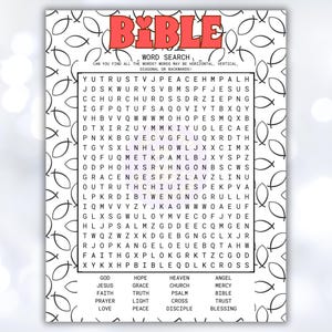 May include: A black and white Bible-themed word search puzzle. The word "BIBLE" is in red at the top. The puzzle includes words like "GOD", "JESUS", and "FAITH". The border is decorated with fish symbols.