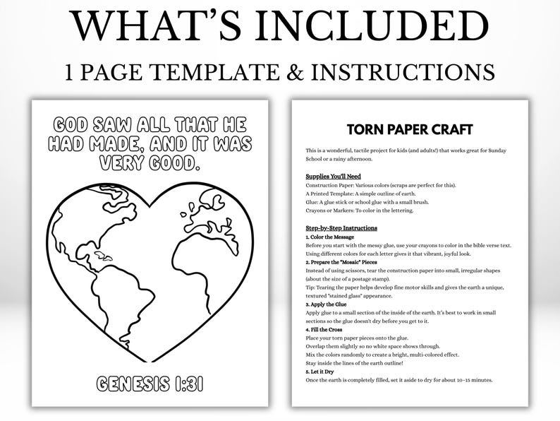 May include: A black and white coloring page with the text "GOD SAW ALL THAT HE HAD MADE, AND IT WAS VERY GOOD." The image includes a heart-shaped outline of the Earth and the text "GENESIS 1:31."