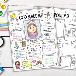 May include: A printable activity sheet titled God Made Me featuring sections for personal details, a self-portrait, and favorite things. The page includes hand-drawn illustrations of a cross, a sun, and hearts, with handwritten text in blue, pink, and green ink.