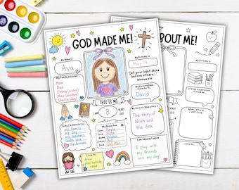 Fiche d'activité chrétienne « Tout sur moi » à imprimer, activité pour le premier jour d'école, rentrée scolaire, entretien avec un élève, école du dimanche, bricolage sur le thème « Dieu m'a créé ».
