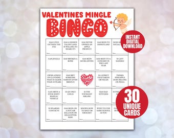 Valentines Mingle Bingo, Find the Guest Bingo Cards, Find Someone Who, Galentines Party Game, Valentines Office Game, Singles Bingo