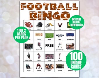 Football Bingo Game, Sports Bingo Game, Tailgate Bingo Game Printable, 100 Unique Cards, Football Party Activity, Instant Download