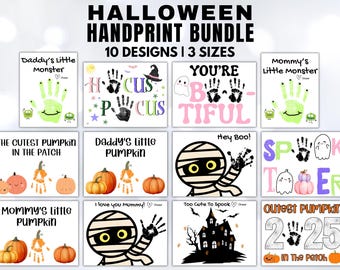 Puede incluir: Paquete de huellas de manos de Halloween con 10 diseños y 3 tamaños. Los diseños incluyen arte de huellas de manos con calabazas, fantasmas, momias y las frases "Hocus Pocus", "You're Beautiful" y "Spooktober".