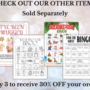 May include: A collection of printable bingo game cards with various themes, including Christmas, wedding, and a "Find the Guest" game. The image also includes a sign that says "I've Been Mugged".