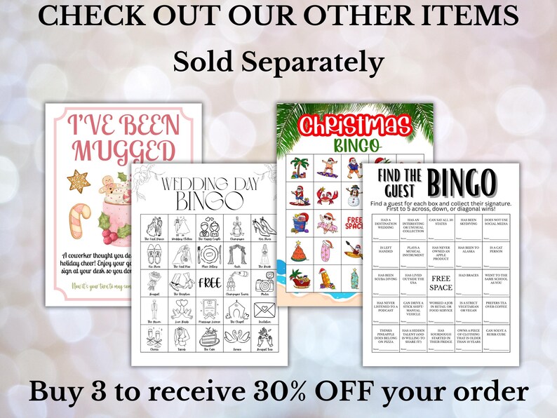 May include: A collection of printable bingo game cards with various themes, including Christmas, wedding, and a "Find the Guest" game. The image also includes a sign that says "I've Been Mugged".