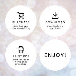 May include: Four white circles with black text and icons against a blurred background. The circles read: PURCHASE, DOWNLOAD, PRINT PDF, and ENJOY! Each circle has a corresponding icon: a shopping cart, a downward arrow, and a printer.