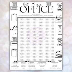 Puede incluir: Rompecabezas de búsqueda de palabras "Office" en blanco y negro. El rompecabezas presenta una cuadrícula de letras con palabras para encontrar, junto con ilustraciones con temas de oficina como una impresora, un reloj de arena y un teclado. Una lista de palabras para encontrar está en la parte inferior.