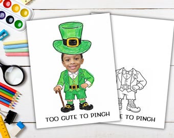 May include: Two St. Patrick's Day themed cards. One card features a color illustration of a child dressed as a leprechaun, with a green hat and suit. The text "TOO CUTE TO PINCH" is below the illustration. The second card is a black and white outline of a leprechaun.
