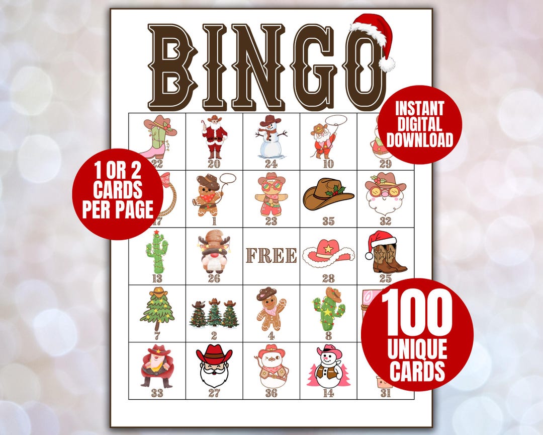 100 Christmas Holiday Bingo Cards, Western, Cowboy Holiday Party ...