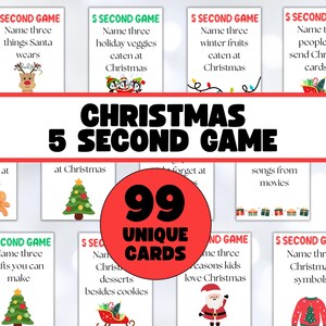 May include: A Christmas-themed game with 99 unique cards. Each card features a "5 Second Game" challenge, such as naming Christmas symbols or gifts. The game cards are white with red and green accents, and include festive illustrations.