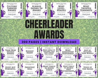 May include: A collection of purple and white cheerleader awards with various titles like "Culture Carrier Award" and "Most Trusted Teammate." The awards are for 2025 and include the text "200 Pages | Instant Download."