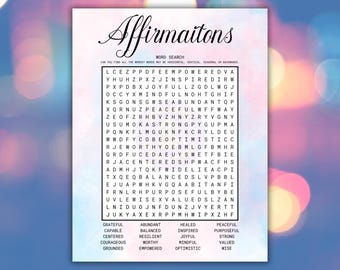 May include: A word search puzzle titled "Affirmaitons" with a watercolor background. The puzzle contains words like "Grateful," "Inspired," and "Joyful." The text is in black, and the background is a blend of pink, blue, and white.
