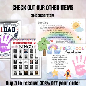 Peut inclure: Plusieurs cartes imprim&eacute;es avec des th&egrave;mes vari&eacute;s. Une carte affiche "Happy Father's Day" avec une empreinte de main. Une autre est un jeu de "Bingo de l'Ind&eacute;pendance". Il y a aussi un po&egrave;me pour "Chase" et une carte pour la "Classe de maternelle 2026".
