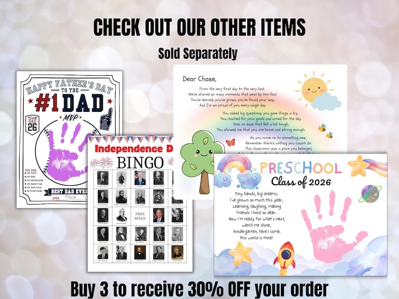 Peut inclure: Plusieurs cartes imprim&eacute;es avec des th&egrave;mes vari&eacute;s. Une carte affiche "Happy Father's Day" avec une empreinte de main. Une autre est un jeu de "Bingo de l'Ind&eacute;pendance". Il y a aussi un po&egrave;me pour "Chase" et une carte pour la "Classe de maternelle 2026".