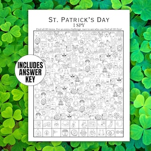 Könnte beinhalten: Ein schwarz-weißes St. Patrick's Day I Spy-Spiel mit dem Text "St. Patrick's Day I Spy" und "Includes Answer Key". Das Spiel zeigt verschiedene Bilder zum Thema St. Patrick's Day. Der Hintergrund ist ein Feld aus grünen Kleeblättern.