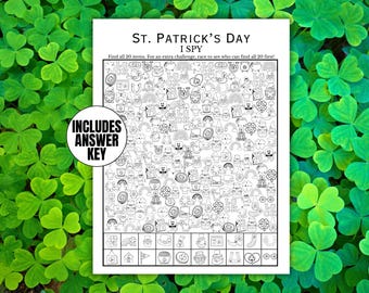 May include: A black and white St. Patrick's Day I Spy game with the text "St. Patrick's Day I Spy" and "Includes Answer Key". The game features various St. Patrick's Day themed images. The background is a field of green shamrocks.