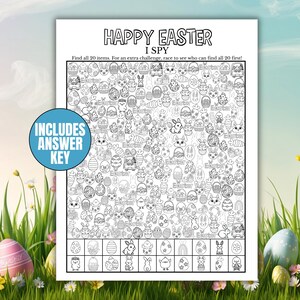 Op de afbeelding: Zwart-wit "I Spy"-activiteitenblad met Pasen als thema met de tekst "Happy Easter" en "I Spy". Het blad bevat een verscheidenheid aan afbeeldingen met betrekking tot Pasen, zoals eieren en konijnen. Een blauwe cirkel met de tekst "Includes Answer Key" staat links.