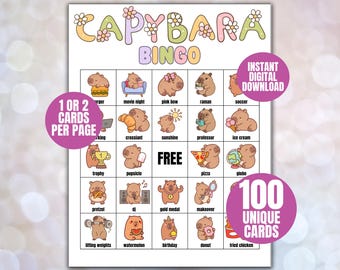 Capybara Bingo Game Printable, Capybara Birthday, Capy Birthday Bingo, Party Game, Capybara Themed Party Game, 100 Capybara Bingo Cards