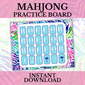 May include: A Mahjong practice board with the text "MAHJONG PRACTICE BOARD" at the top and "INSTANT DOWNLOAD" at the bottom. The board features light blue squares with the word "ROLLOR" and numbers 1, 2, and 3, along with palm tree icons.