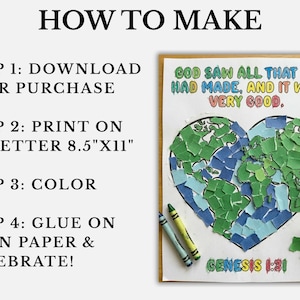 May include: A craft project with instructions. The artwork features a heart-shaped Earth made of torn blue and green paper. Text includes "How to Make," "God saw all that he had made, and it was very good," and "Genesis 1:31."
